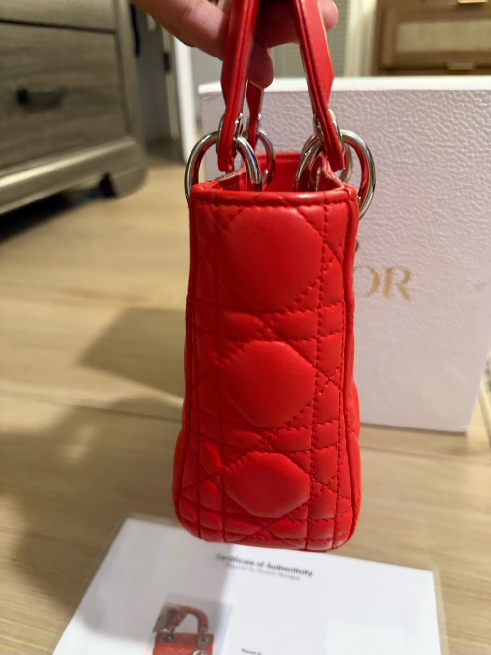 Dior Red Quilted Lady Mini Tote with Silver Hardware - Picture 4 of 13